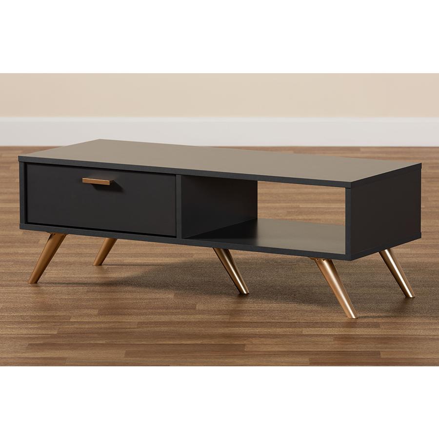 Kelson Modern and Contemporary Dark Grey and Gold Finished Wood Coffee Table. Picture 9