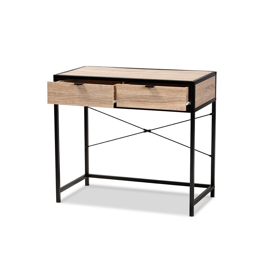 Industrial Natural Brown Finished Wood and Black Metal 2-Drawer Desk. Picture 2