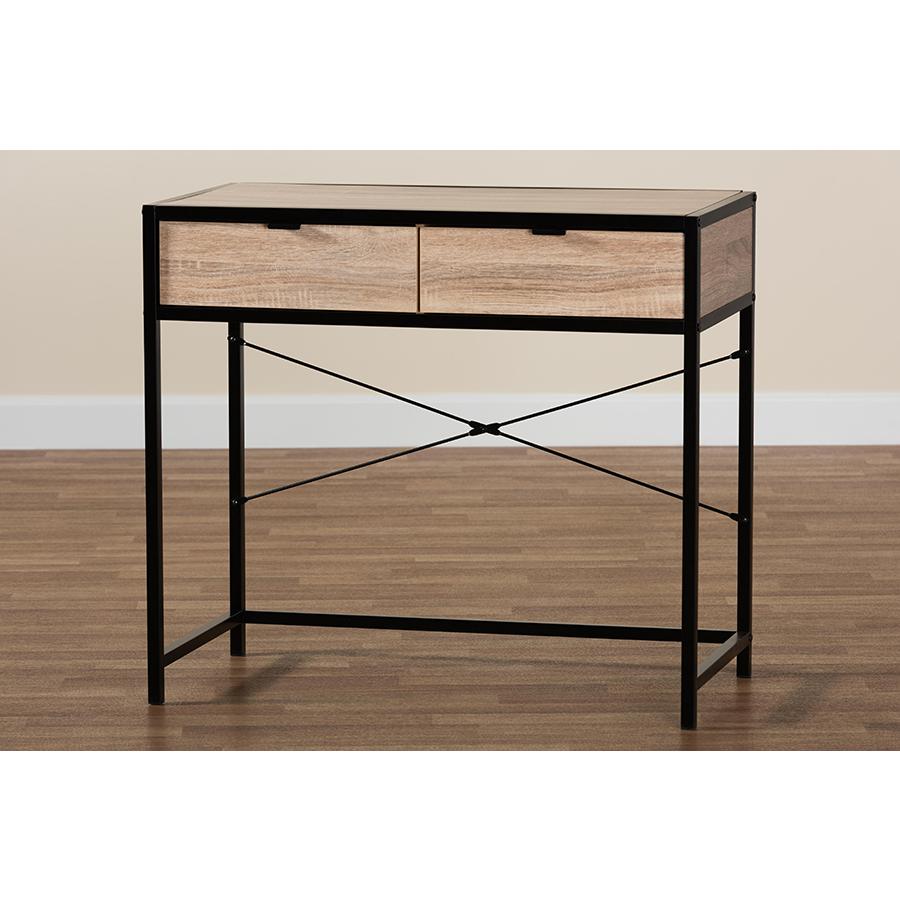 Industrial Natural Brown Finished Wood and Black Metal 2-Drawer Desk. Picture 9