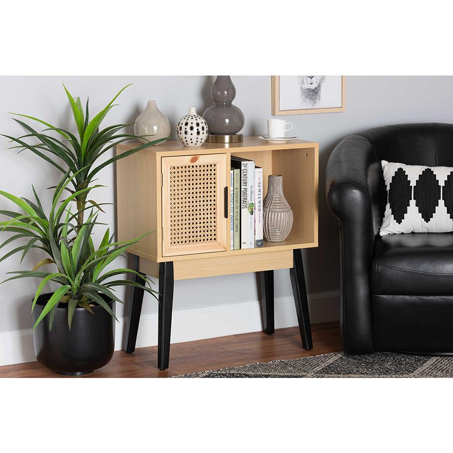 Black Finished Wood 1-Door Console Table with Natural Rattan. Picture 8