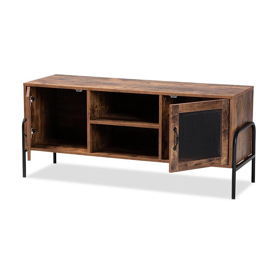 Industrial Walnut Brown Finished Wood and Black Metal 2-Door TV Stand. Picture 2
