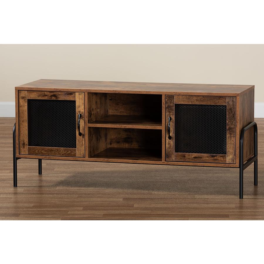 Industrial Walnut Brown Finished Wood and Black Metal 2-Door TV Stand. Picture 9