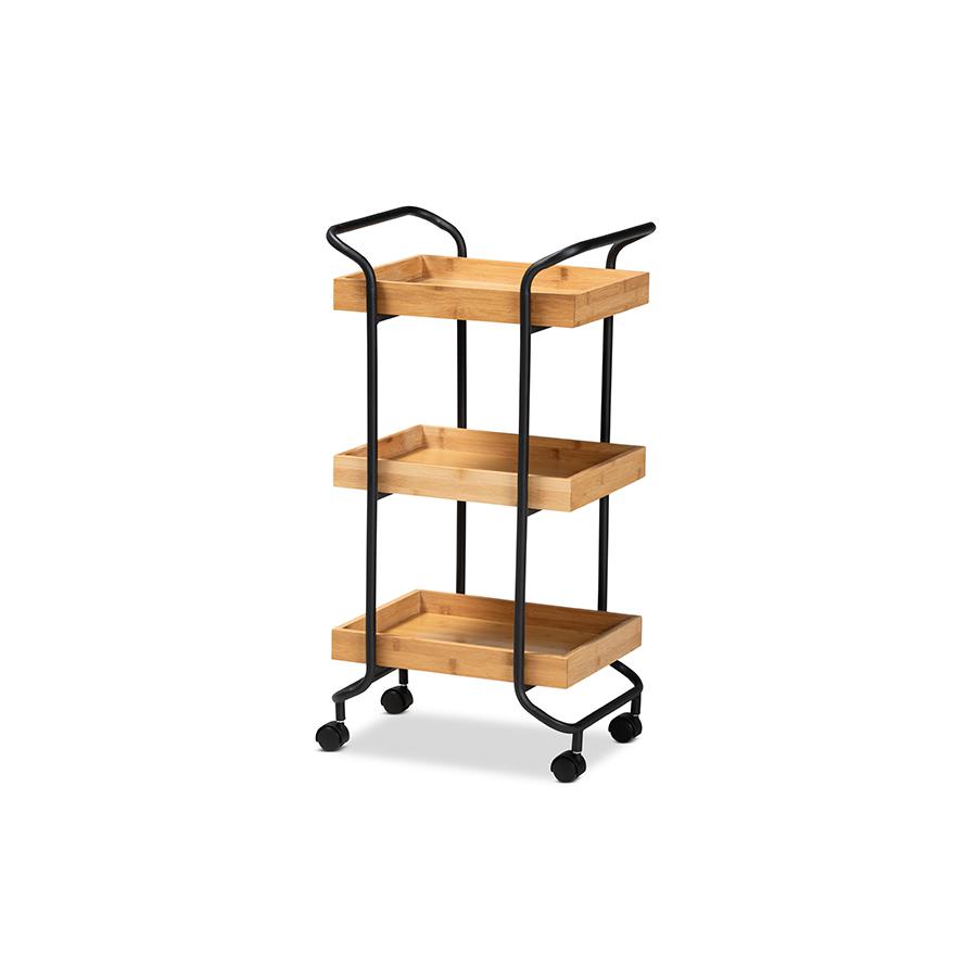 Oak Brown Finished Wood and Black Metal 3-Tier Mobile Kitchen Cart. Picture 1
