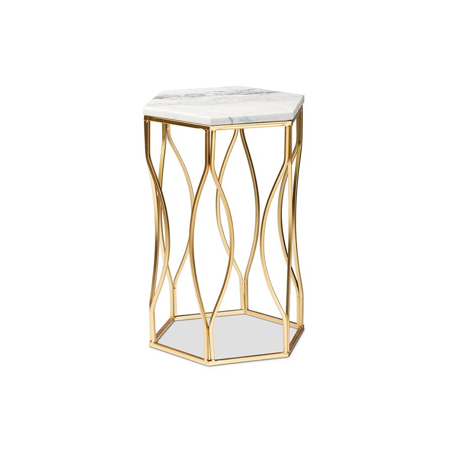 Baxton Studio Kalena Modern and Contemporary Gold Metal End Table with Marble Tabletop. Picture 2