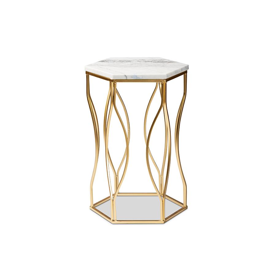 Baxton Studio Kalena Modern and Contemporary Gold Metal End Table with Marble Tabletop. Picture 3