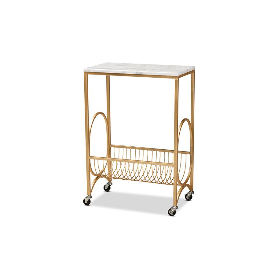 Baxton Studio Jacek Modern and Contemporary Gold Finished Metal Wine Cart with Marble Tabletop. Picture 2