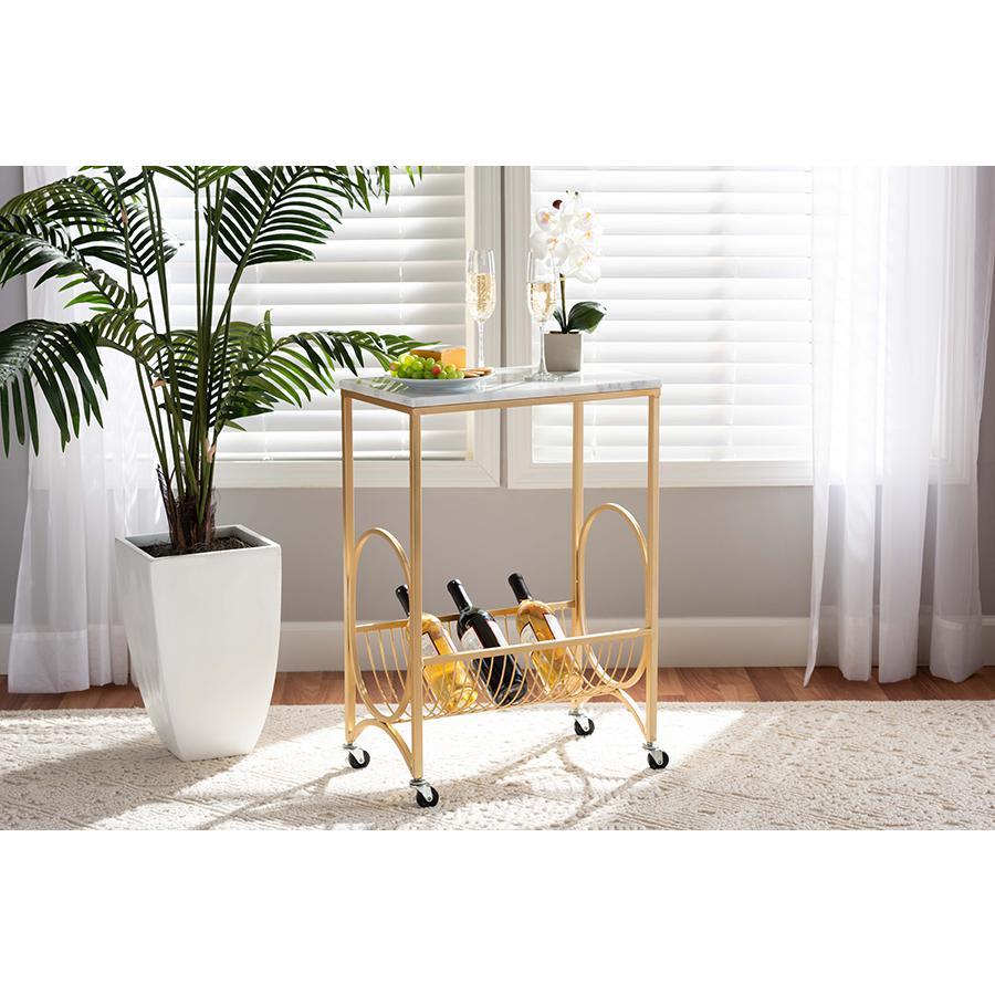 Baxton Studio Jacek Modern and Contemporary Gold Finished Metal Wine Cart with Marble Tabletop. Picture 1