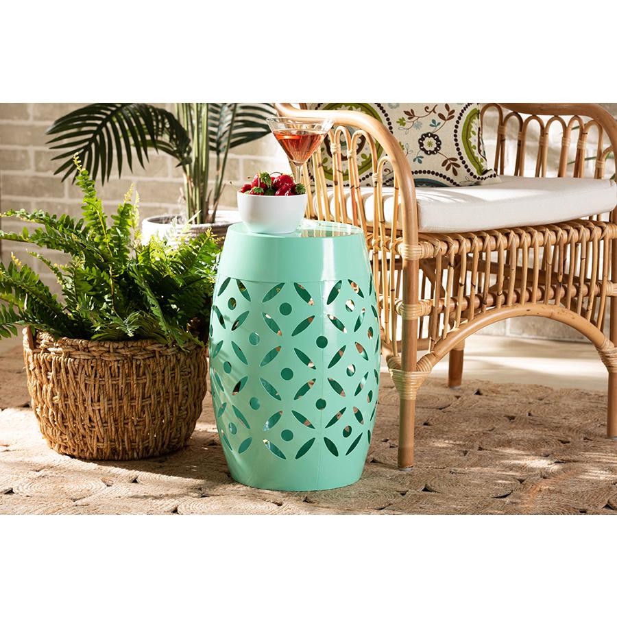 Hallie Modern and Contemporary Aqua Finished Metal Outdoor Side Table. Picture 5