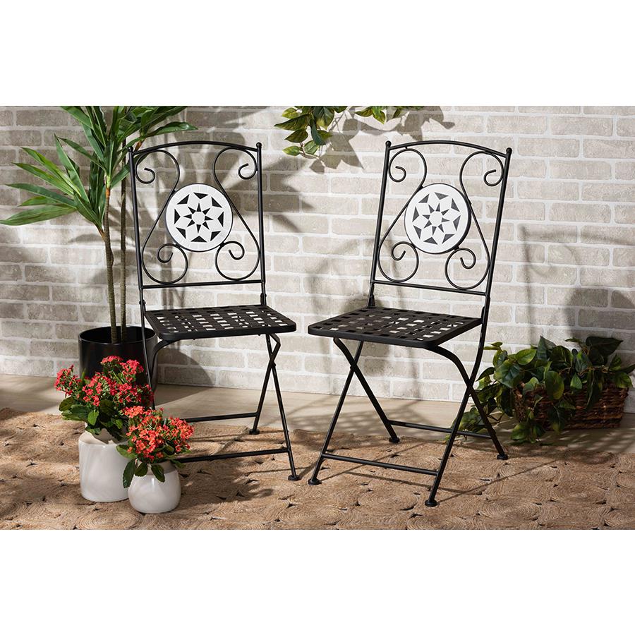 Baxton Studio Julius Modern and Contemporary Black Finished Metal and Multi-Colored Glass 2-Piece Outdoor Dining Chair Set. Picture 7