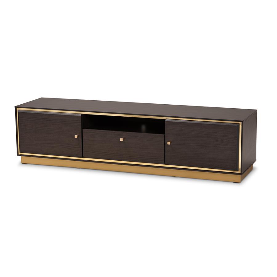 Baxton Studio Cormac Mid-Century Modern Transitional Dark Brown Finished Wood and Gold Metal 2-Door TV Stand. The main picture.