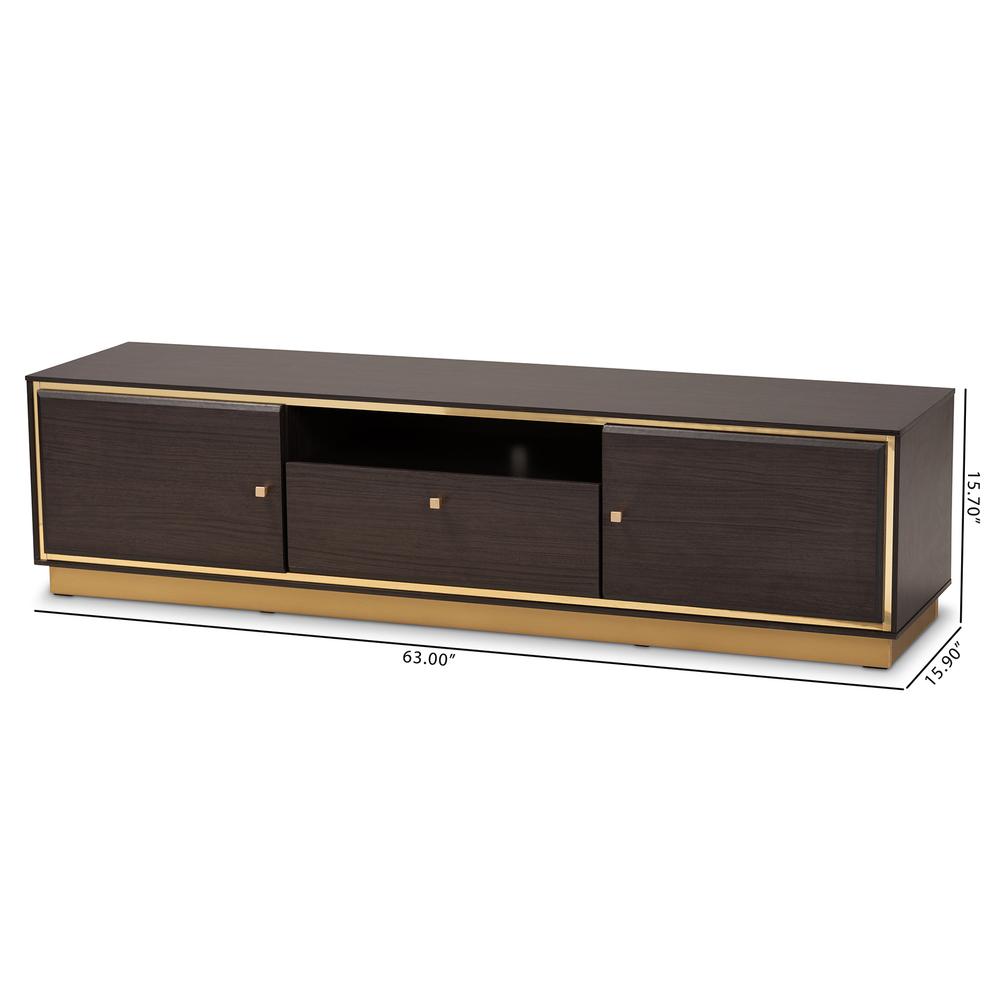 Transitional Dark Brown Finished Wood and Gold Metal 2-Door TV Stand. Picture 19