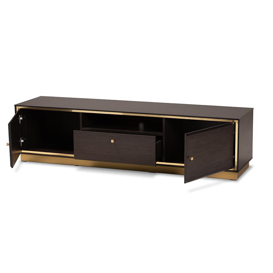 Baxton Studio Cormac Mid-Century Modern Transitional Dark Brown Finished Wood and Gold Metal 2-Door TV Stand. Picture 2