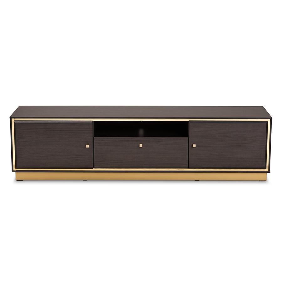 Baxton Studio Cormac Mid-Century Modern Transitional Dark Brown Finished Wood and Gold Metal 2-Door TV Stand. Picture 3