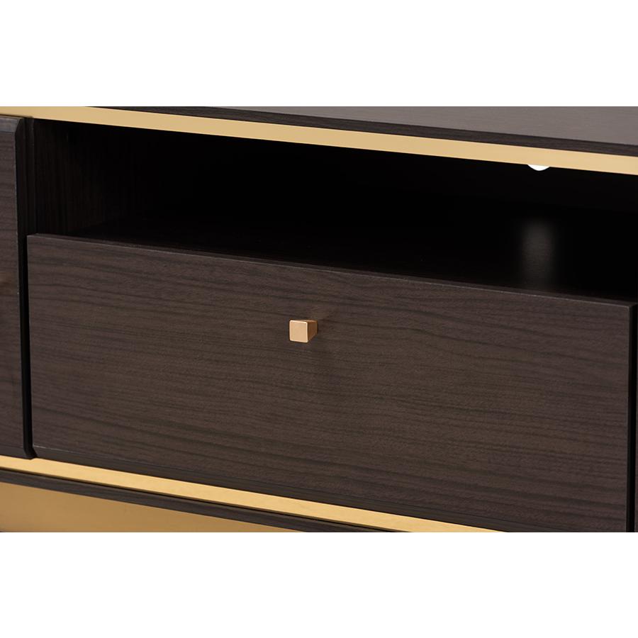 Baxton Studio Cormac Mid-Century Modern Transitional Dark Brown Finished Wood and Gold Metal 2-Door TV Stand. Picture 5