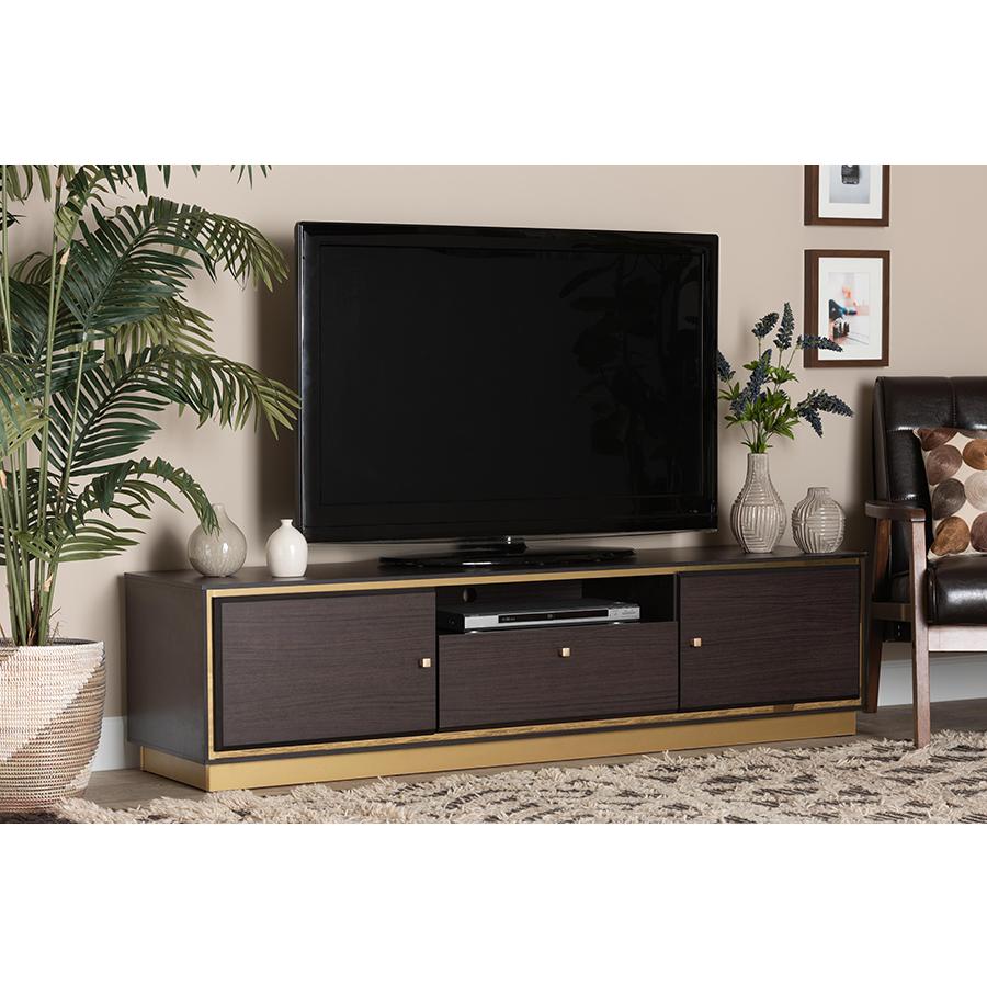 Baxton Studio Cormac Mid-Century Modern Transitional Dark Brown Finished Wood and Gold Metal 2-Door TV Stand. Picture 8