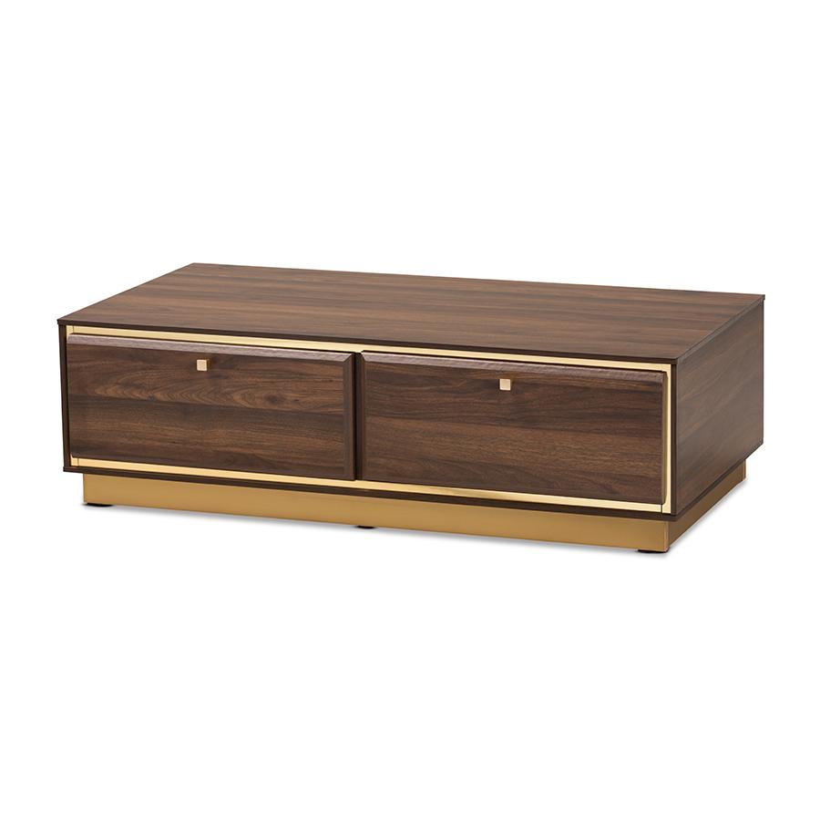 Transitional Walnut Brown Finished Wood and Gold Metal 2-Drawer Coffee Table. Picture 1