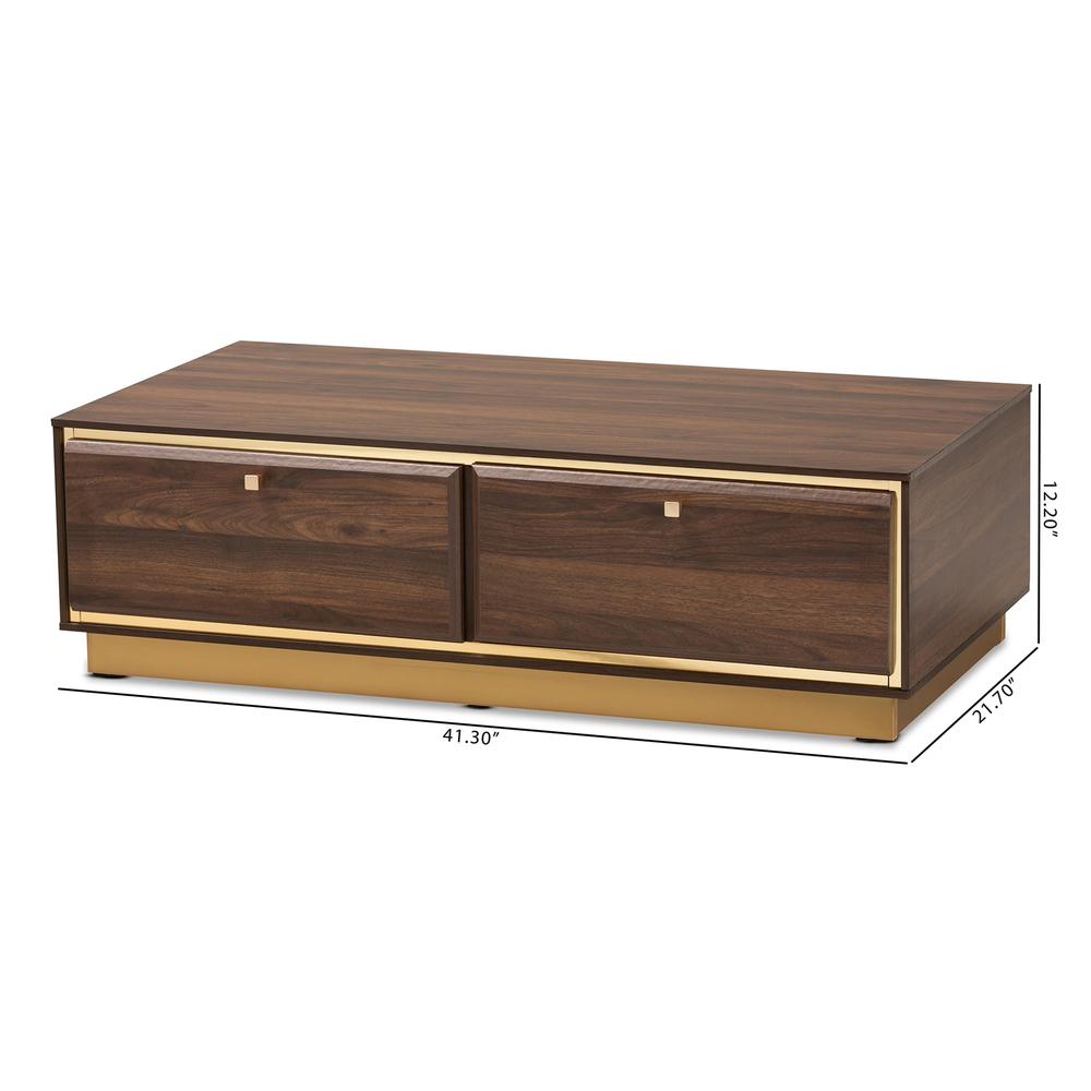 Transitional Walnut Brown Finished Wood and Gold Metal 2-Drawer Coffee Table. Picture 19