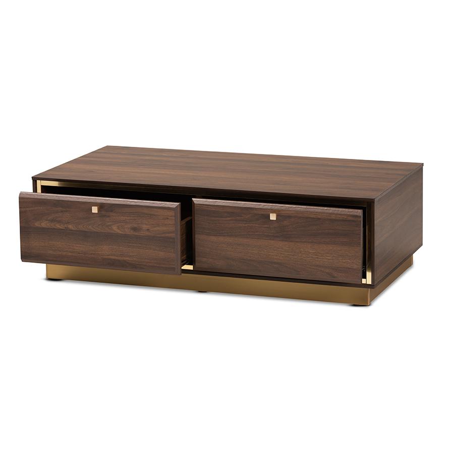 Transitional Walnut Brown Finished Wood and Gold Metal 2-Drawer Coffee Table. Picture 2