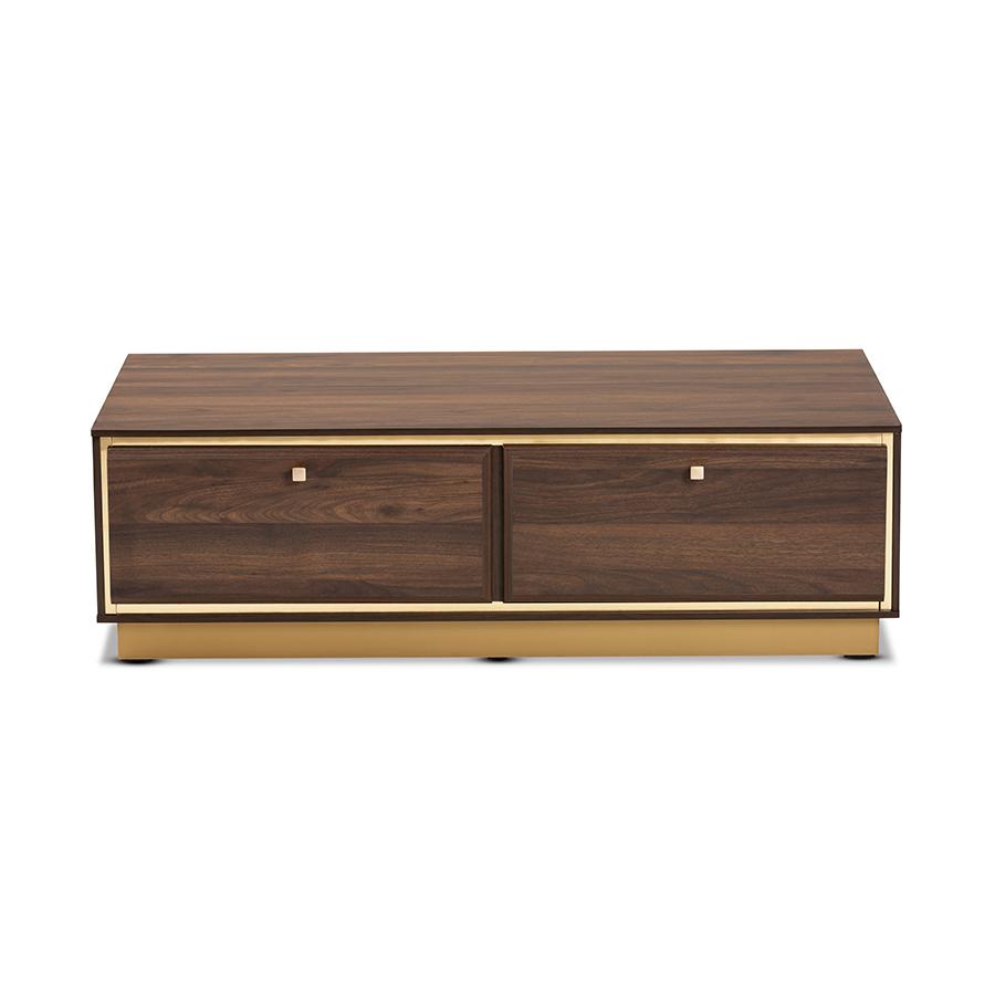 Transitional Walnut Brown Finished Wood and Gold Metal 2-Drawer Coffee Table. Picture 3
