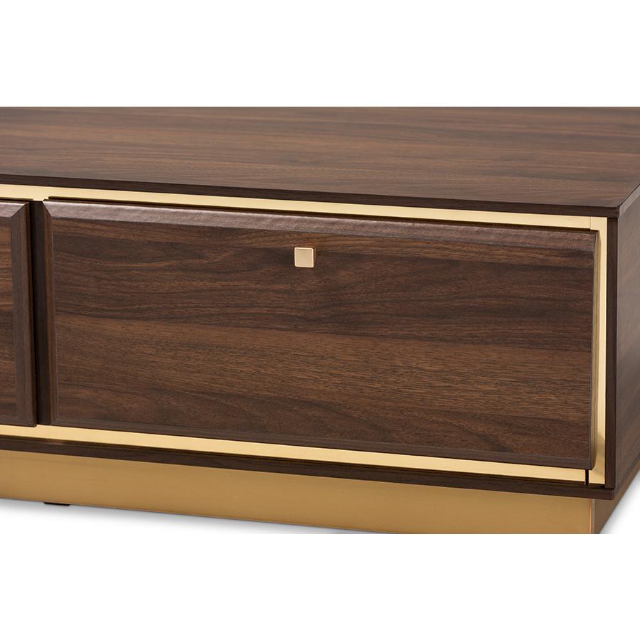 Transitional Walnut Brown Finished Wood and Gold Metal 2-Drawer Coffee Table. Picture 5