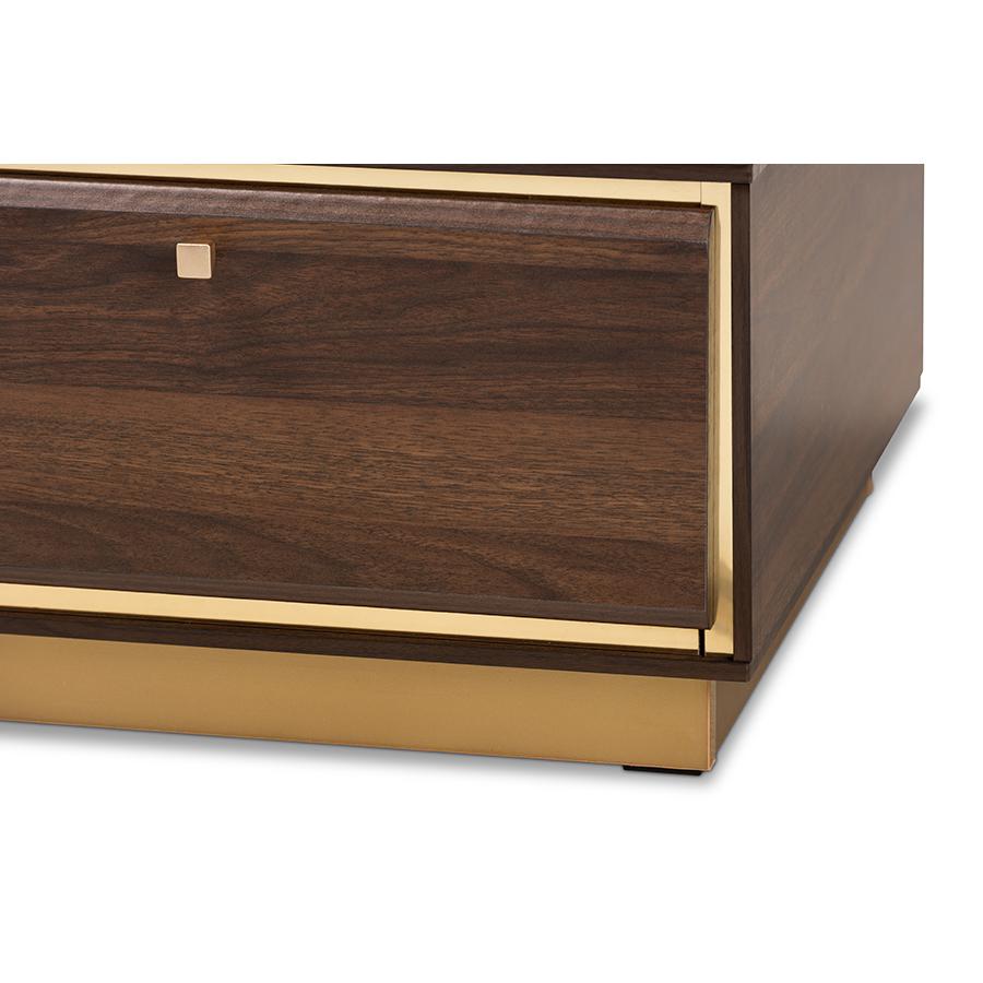 Transitional Walnut Brown Finished Wood and Gold Metal 2-Drawer Coffee Table. Picture 6