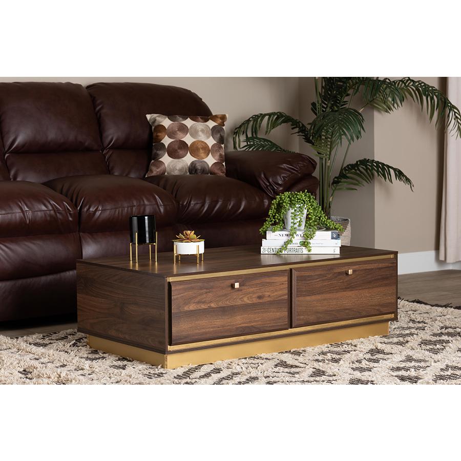 Transitional Walnut Brown Finished Wood and Gold Metal 2-Drawer Coffee Table. Picture 8