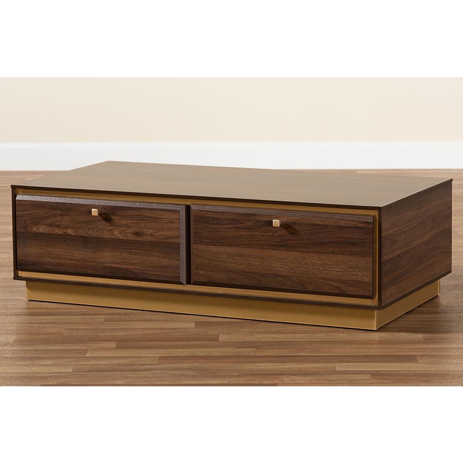 Transitional Walnut Brown Finished Wood and Gold Metal 2-Drawer Coffee Table. Picture 9