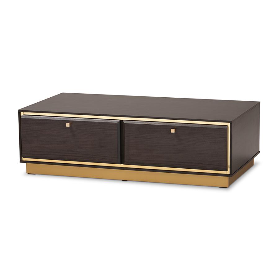 Transitional Dark Brown Finished Wood and Gold Metal 2-Drawer Coffee Table. Picture 1