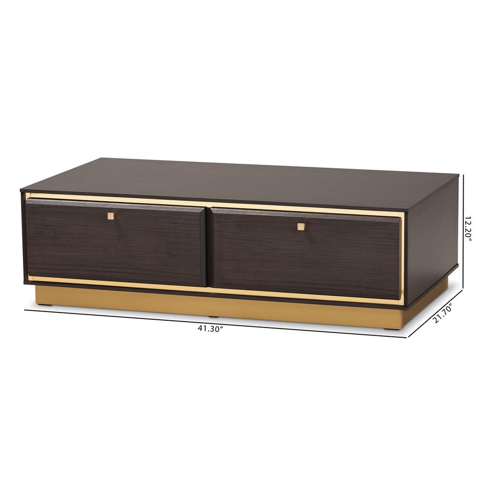 Transitional Dark Brown Finished Wood and Gold Metal 2-Drawer Coffee Table. Picture 19