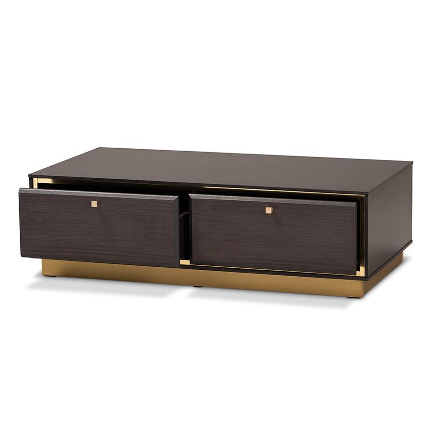 Transitional Dark Brown Finished Wood and Gold Metal 2-Drawer Coffee Table. Picture 2