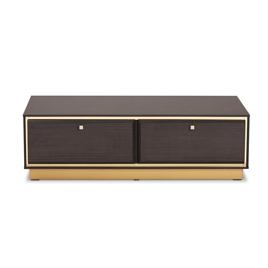 Transitional Dark Brown Finished Wood and Gold Metal 2-Drawer Coffee Table. Picture 3
