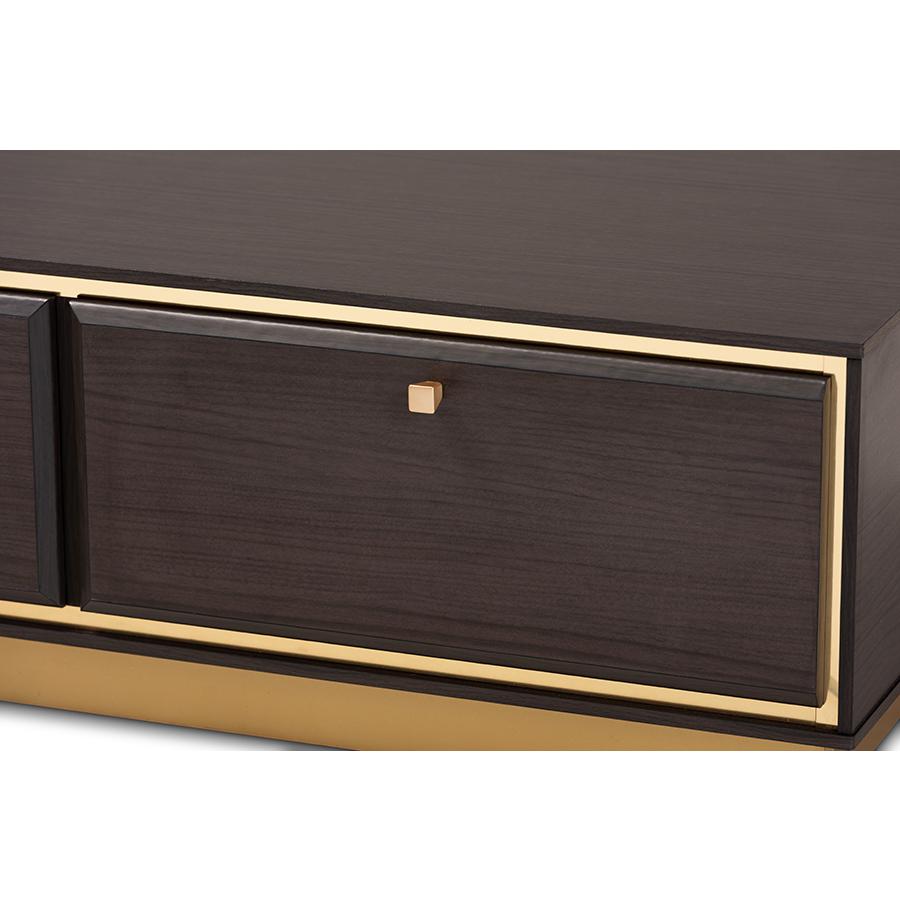 Transitional Dark Brown Finished Wood and Gold Metal 2-Drawer Coffee Table. Picture 5