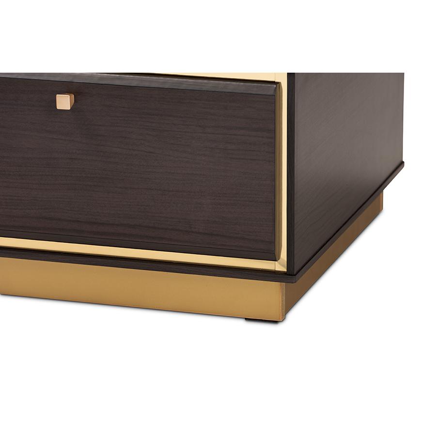 Transitional Dark Brown Finished Wood and Gold Metal 2-Drawer Coffee Table. Picture 6