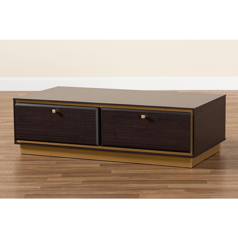 Transitional Dark Brown Finished Wood and Gold Metal 2-Drawer Coffee Table. Picture 9