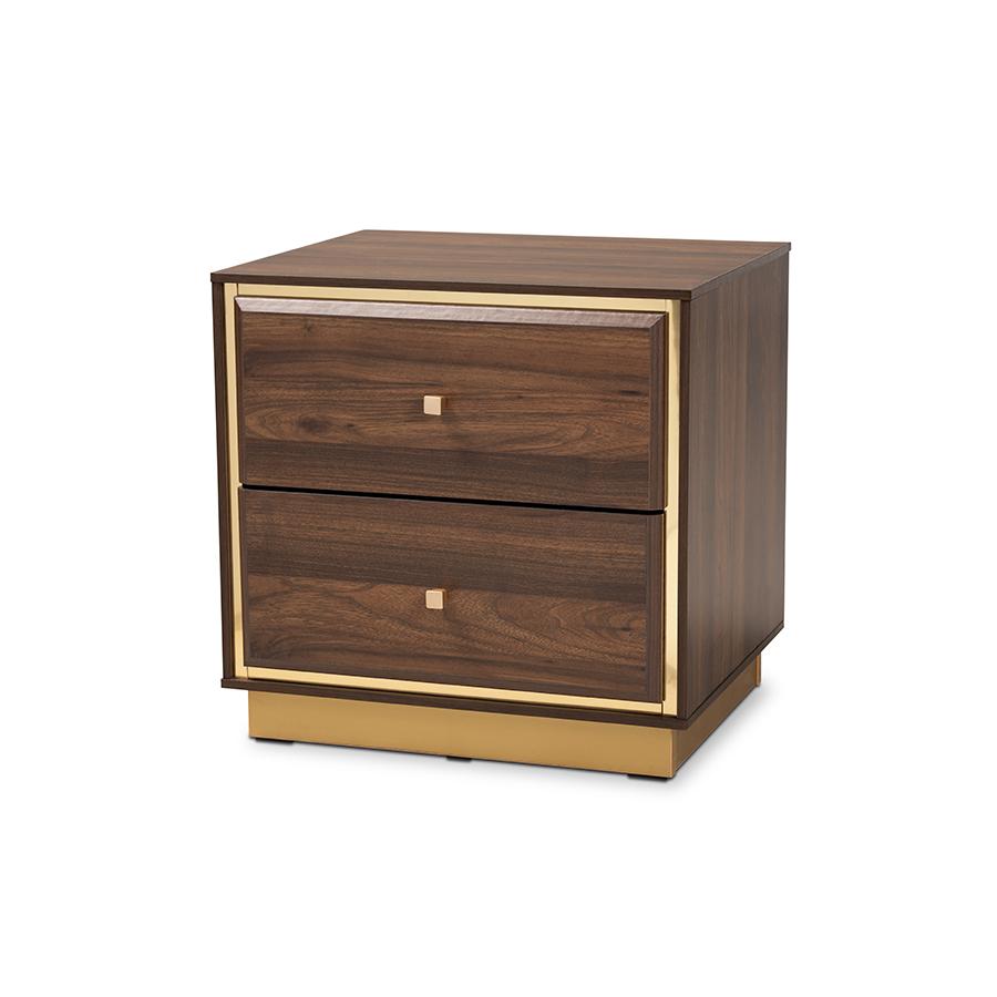 Transitional Walnut Brown Finished Wood and Gold Metal 2-Drawer Nightstand. Picture 1