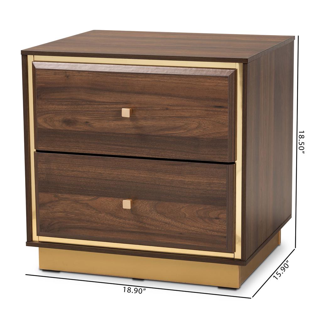Transitional Walnut Brown Finished Wood and Gold Metal 2-Drawer Nightstand. Picture 19