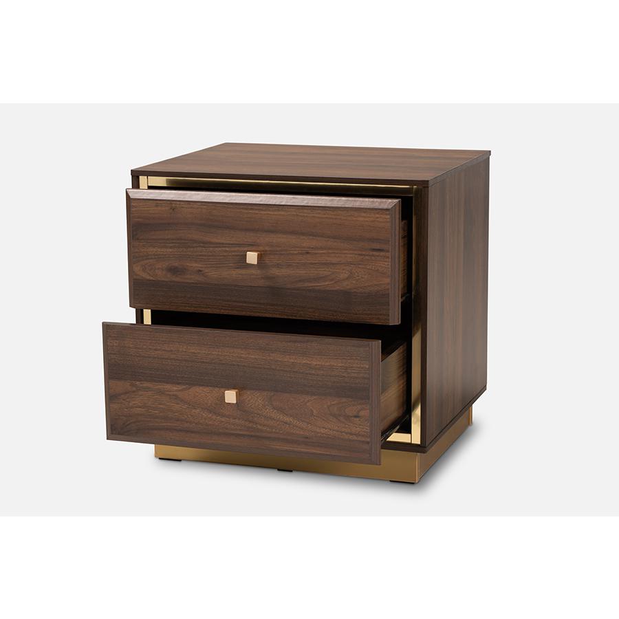 Transitional Walnut Brown Finished Wood and Gold Metal 2-Drawer Nightstand. Picture 2