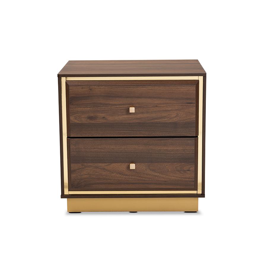 Transitional Walnut Brown Finished Wood and Gold Metal 2-Drawer Nightstand. Picture 3