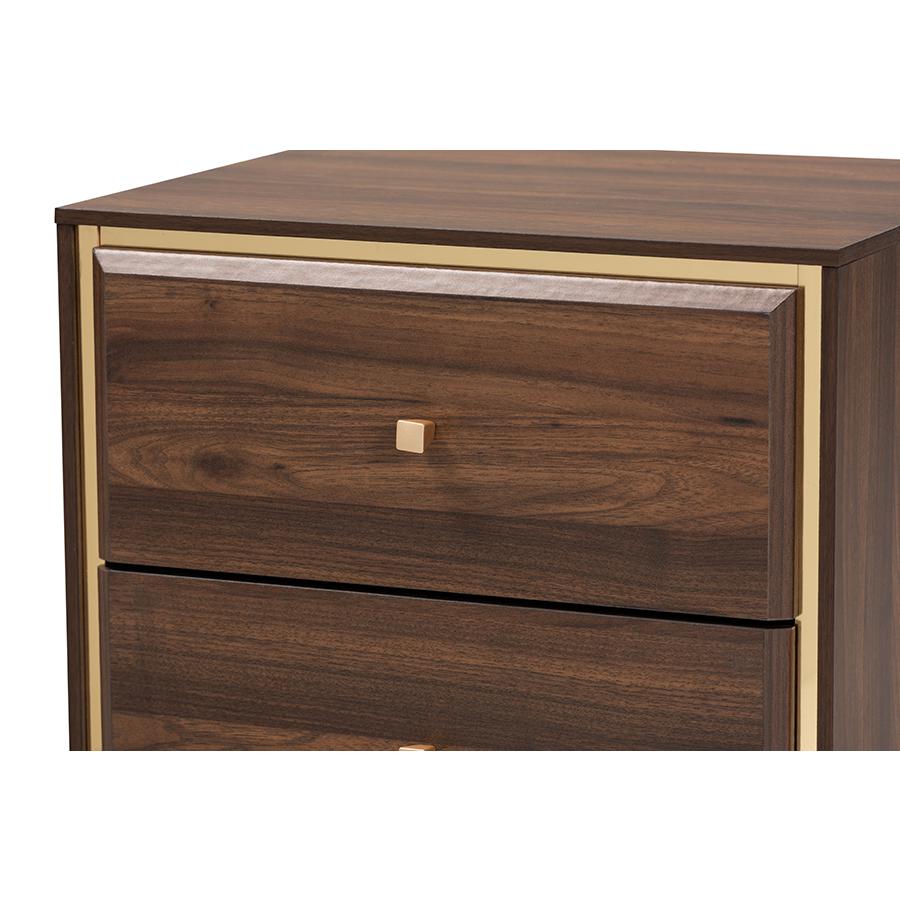 Transitional Walnut Brown Finished Wood and Gold Metal 2-Drawer Nightstand. Picture 5