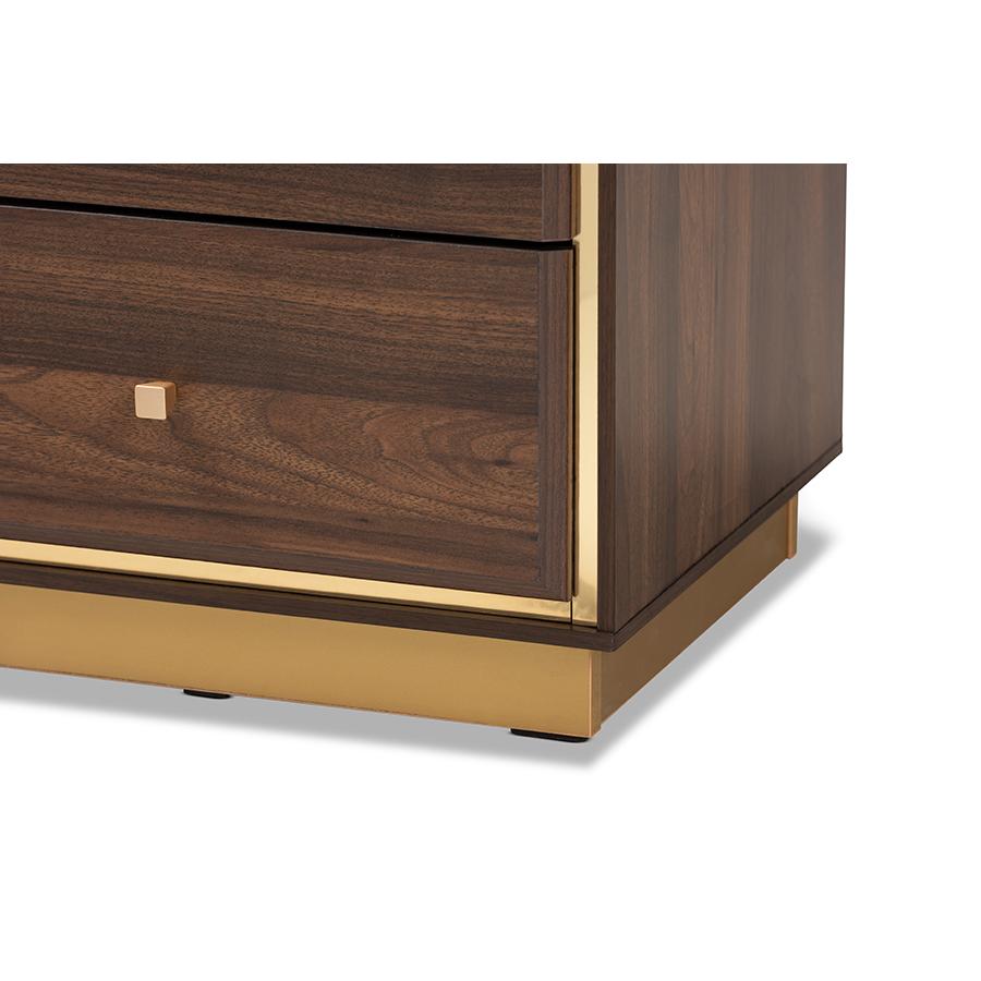 Transitional Walnut Brown Finished Wood and Gold Metal 2-Drawer Nightstand. Picture 6