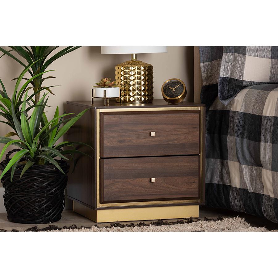 Transitional Walnut Brown Finished Wood and Gold Metal 2-Drawer Nightstand. Picture 8