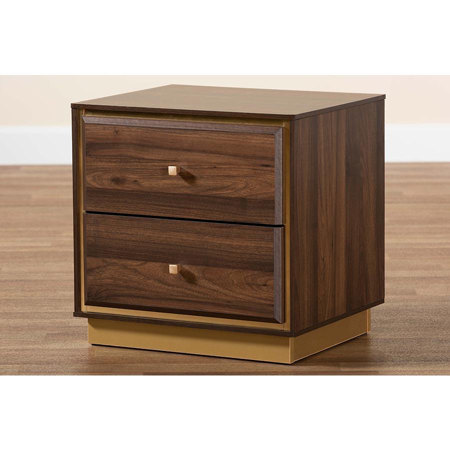 Transitional Walnut Brown Finished Wood and Gold Metal 2-Drawer Nightstand. Picture 9