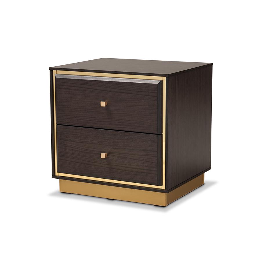 Transitional Dark Brown Finished Wood and Gold Metal 2-Drawer Nightstand. Picture 1