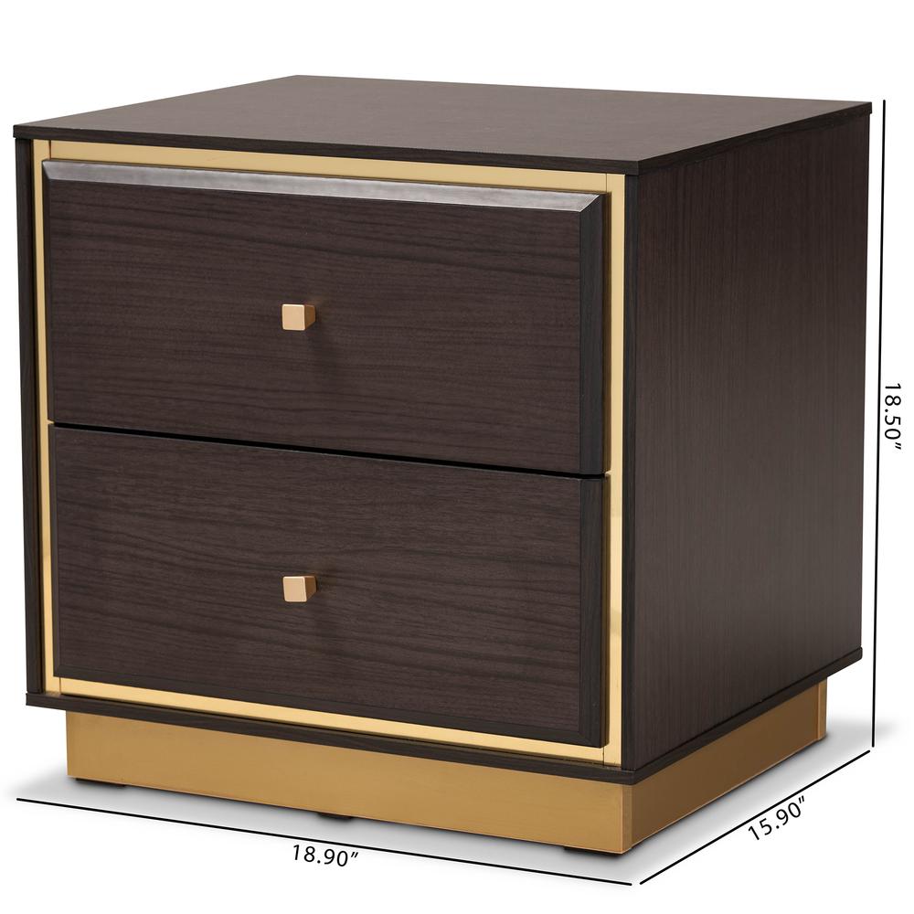 Transitional Dark Brown Finished Wood and Gold Metal 2-Drawer Nightstand. Picture 19
