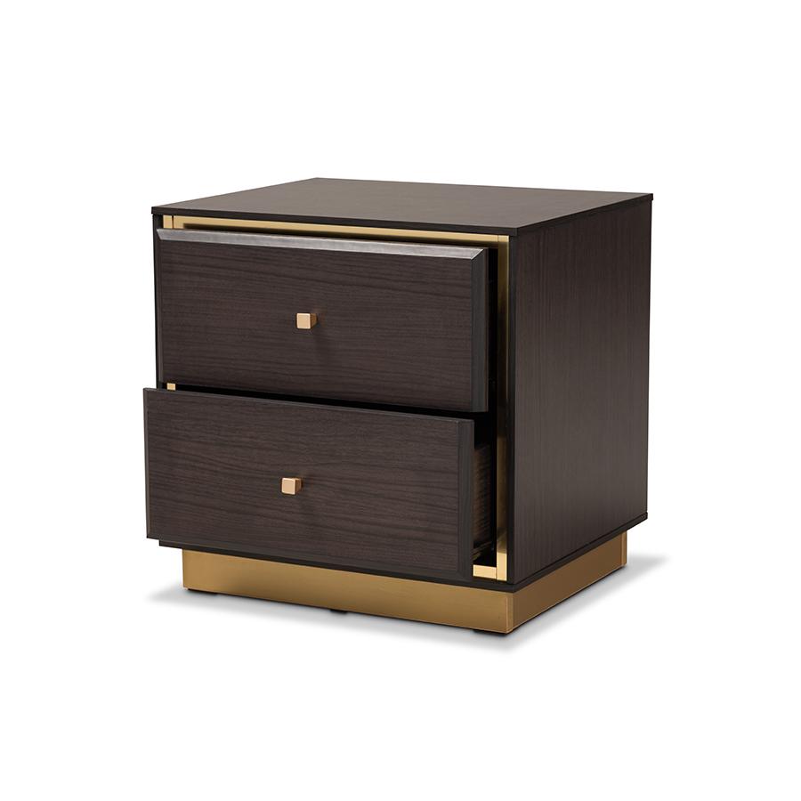 Transitional Dark Brown Finished Wood and Gold Metal 2-Drawer Nightstand. Picture 2