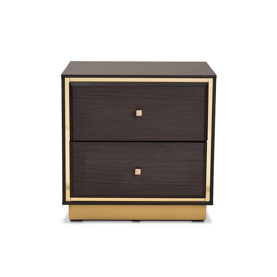 Transitional Dark Brown Finished Wood and Gold Metal 2-Drawer Nightstand. Picture 3