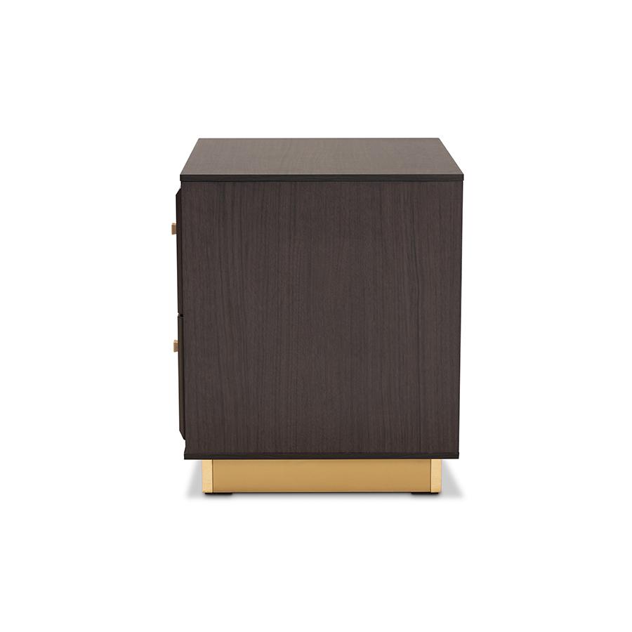 Transitional Dark Brown Finished Wood and Gold Metal 2-Drawer Nightstand. Picture 4