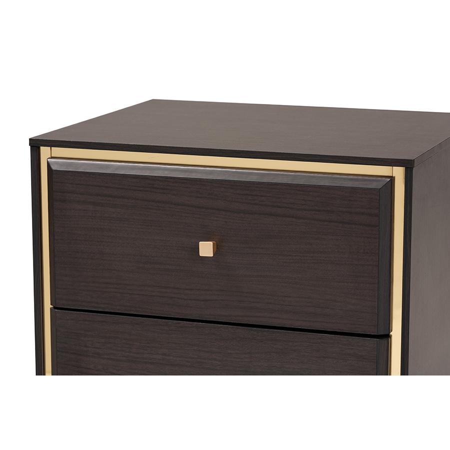 Transitional Dark Brown Finished Wood and Gold Metal 2-Drawer Nightstand. Picture 5