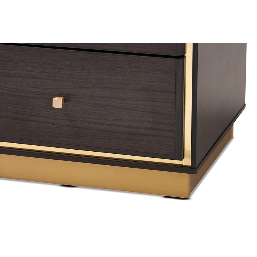 Transitional Dark Brown Finished Wood and Gold Metal 2-Drawer Nightstand. Picture 6