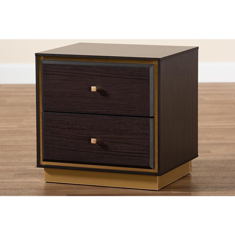 Transitional Dark Brown Finished Wood and Gold Metal 2-Drawer Nightstand. Picture 9